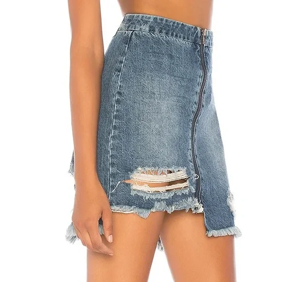 Free People x One Teaspoon Vixen High Waist Distressed A Line Oxford Denim Skirt - Picture 4 of 12